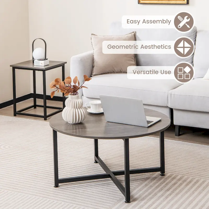 Costway 3 PCS Coffee Table Set Round Coffee Table and 2PCS Square End - See Details