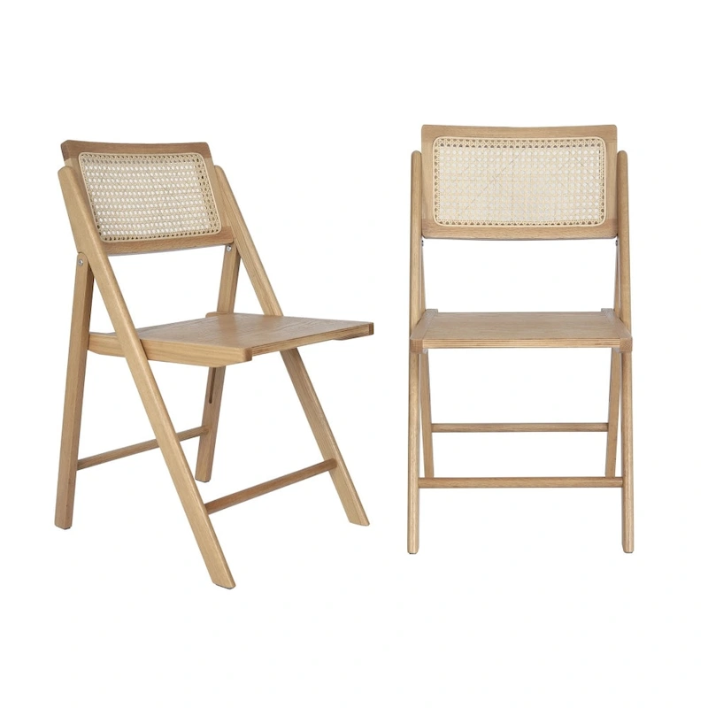 2 Pack Commercial Cane Rattan Folding Chairs - Wood Backs and Seats