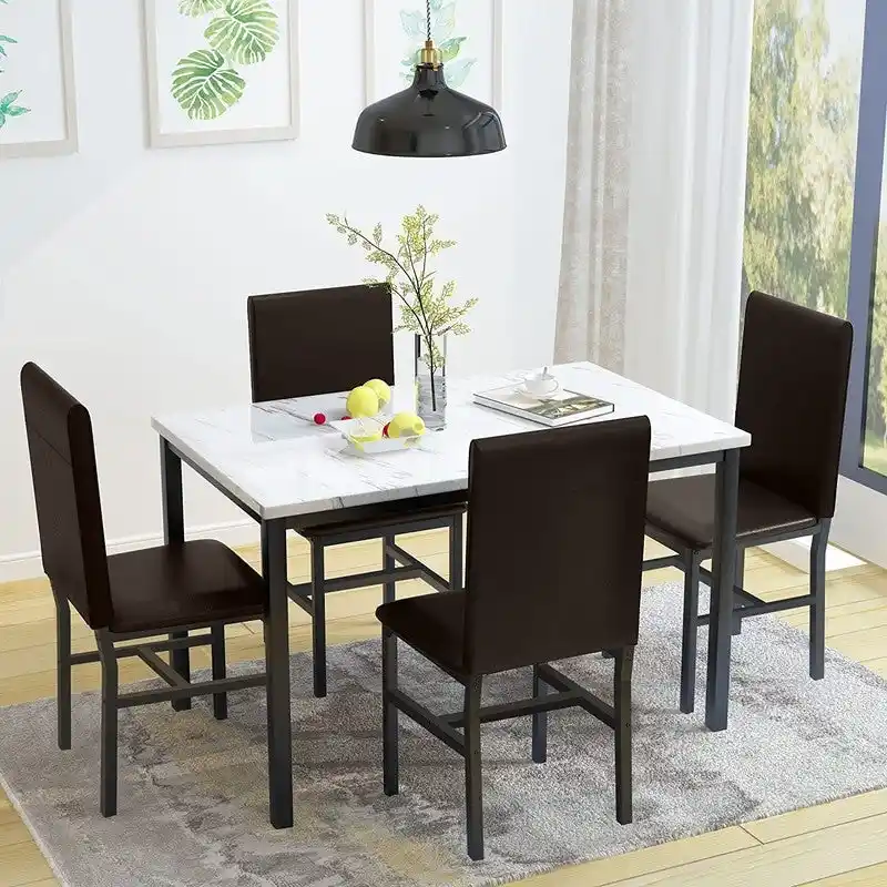 5 Pieces Faux Marble Dining Table Set with 4 Upholstered PU Leather Chairs