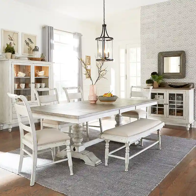 Whitney Antique Linen & Weathered Gray 6 Piece Trestle Table Set