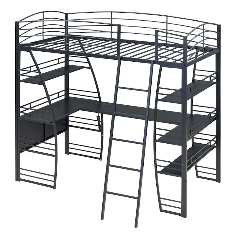 Twin Size Loft Bed with 4 Layers of Shelves and L-shaped Desk, with a set of Sockets, USB Ports and and Wireless Charging