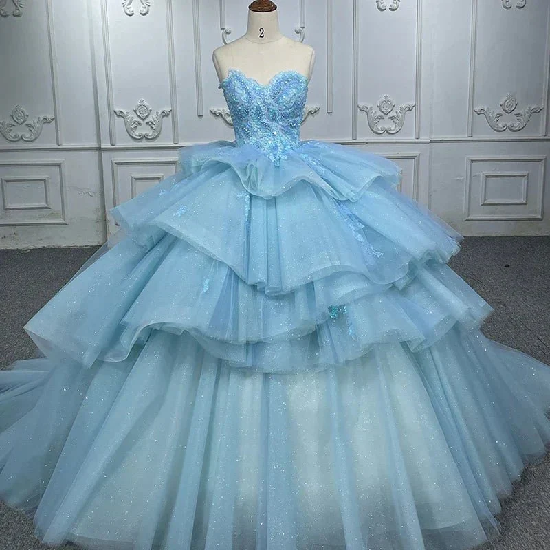 Romantic Princess Sleeveless Quinceanera Dresses Ruffle Strapless Sequins Ball Gown