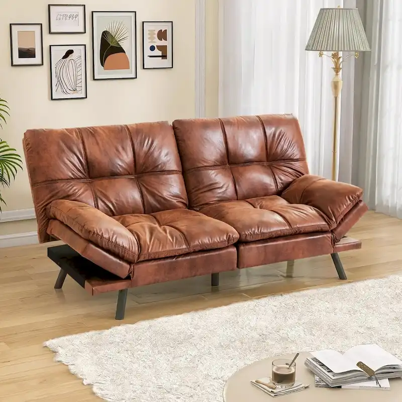 Brown / Black Faux Leather Convertible Futon Sofa Bed with Split Adjustable Backrest – 2 Person