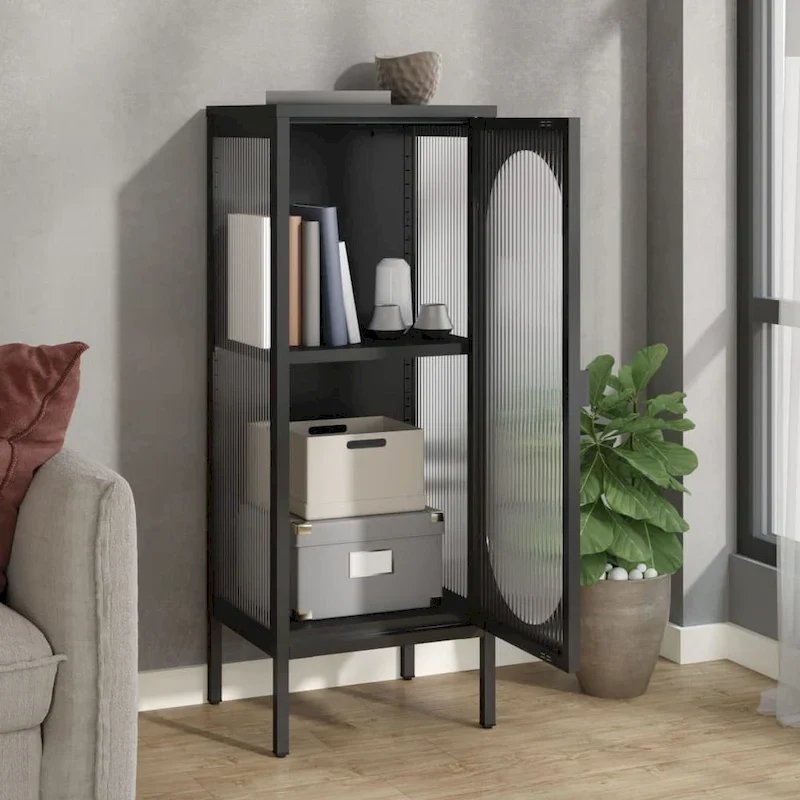 Modern Black Sideboard with Fluted Glass Doors & Steel Frame, 15.7x13.8x41.3 in