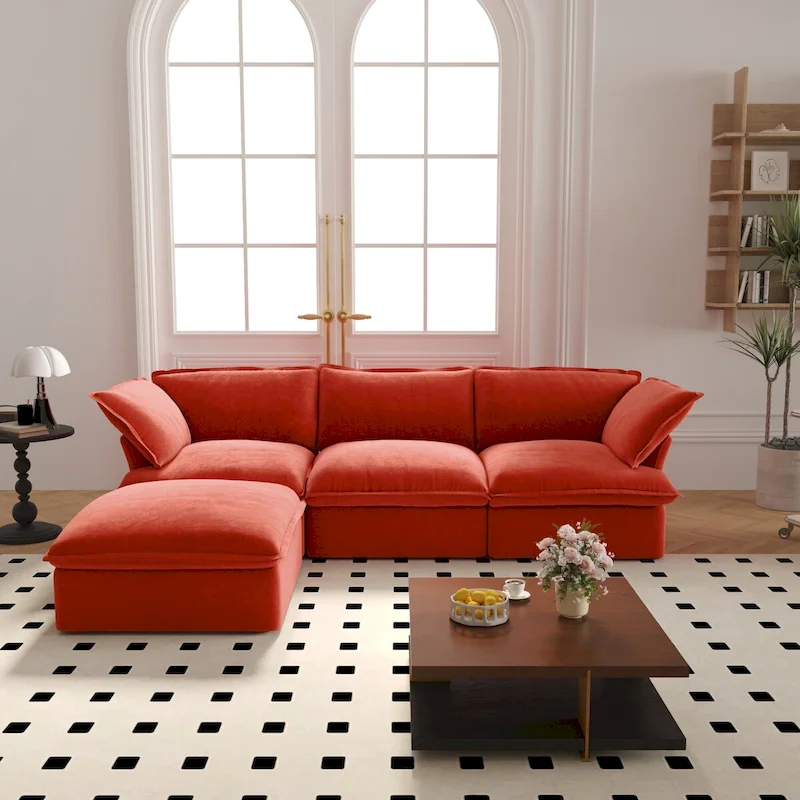 Cloud Sectional Sofa Down Feather Modular Couch L-shaped Velvet Wide Deep Seat Convertible Sofa.