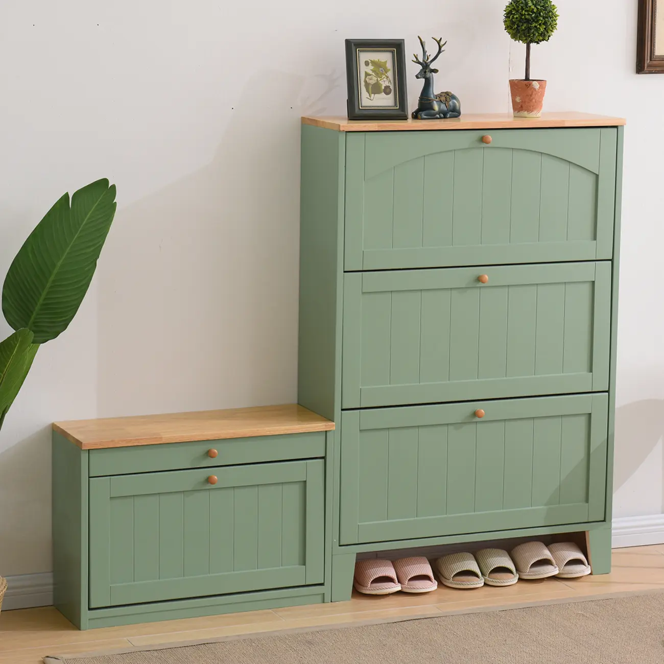 Entryway White/Tawny Wooden Wall-Mounted Shoe Cabinet