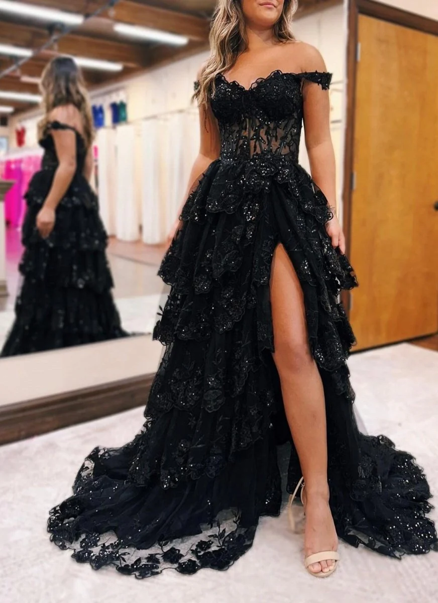 Periwinkle Tulle Appliques Off-the-Shoulder Ruffle Long Prom Dress