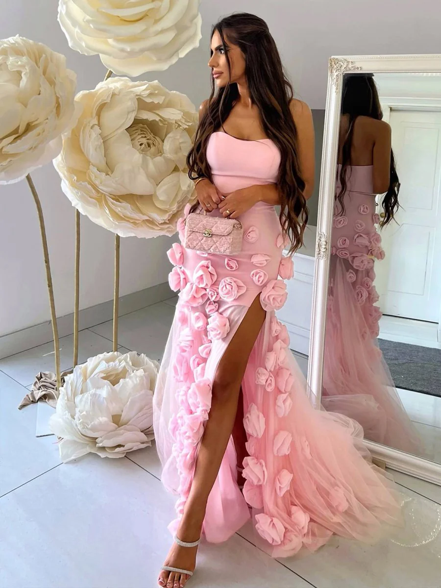 A line Sexy Strapless Sleeveless Pink Slit Flowers Prom Dress