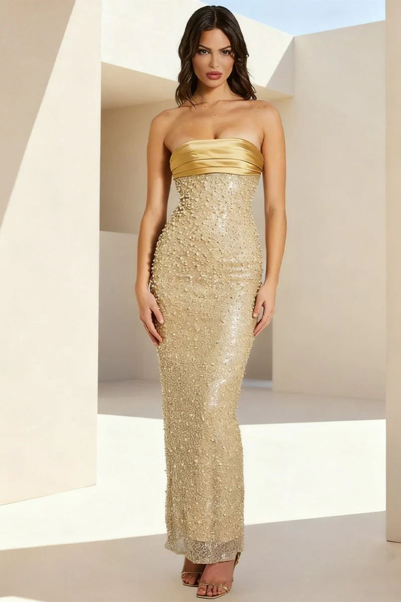 Gold - Strapless Mermaid Sequined Pleated Long Prom Dresses With Pearls