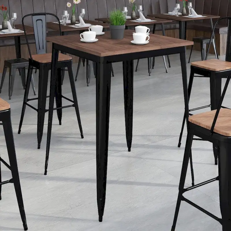 Square Bar Height Table - Wood Top with Metal Base (Black/Silver)