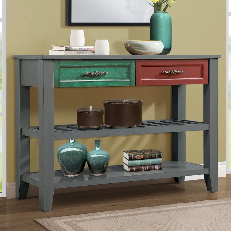 42-Inch Console Sideboard, Mid-Century Style, 2 Drawers, 2-Tier Open Shelves, Solid Wood & MDF, Antique Gray / Navy Blue / Brown, 1-Person Use