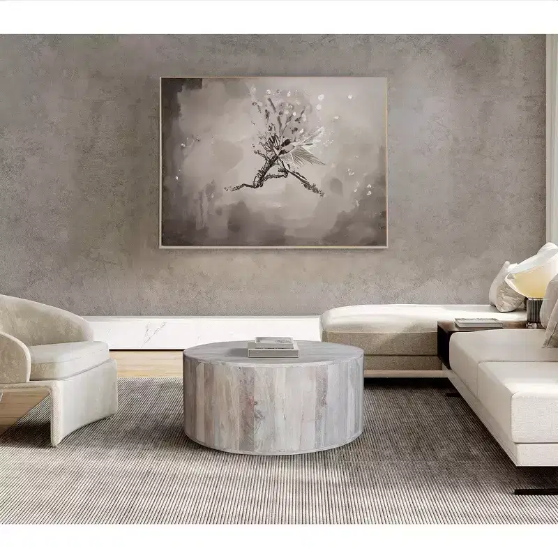 Royal Hampton 36 Inch Coffee Table, Handcrafted Drum Shape, Washed White Mango Wood