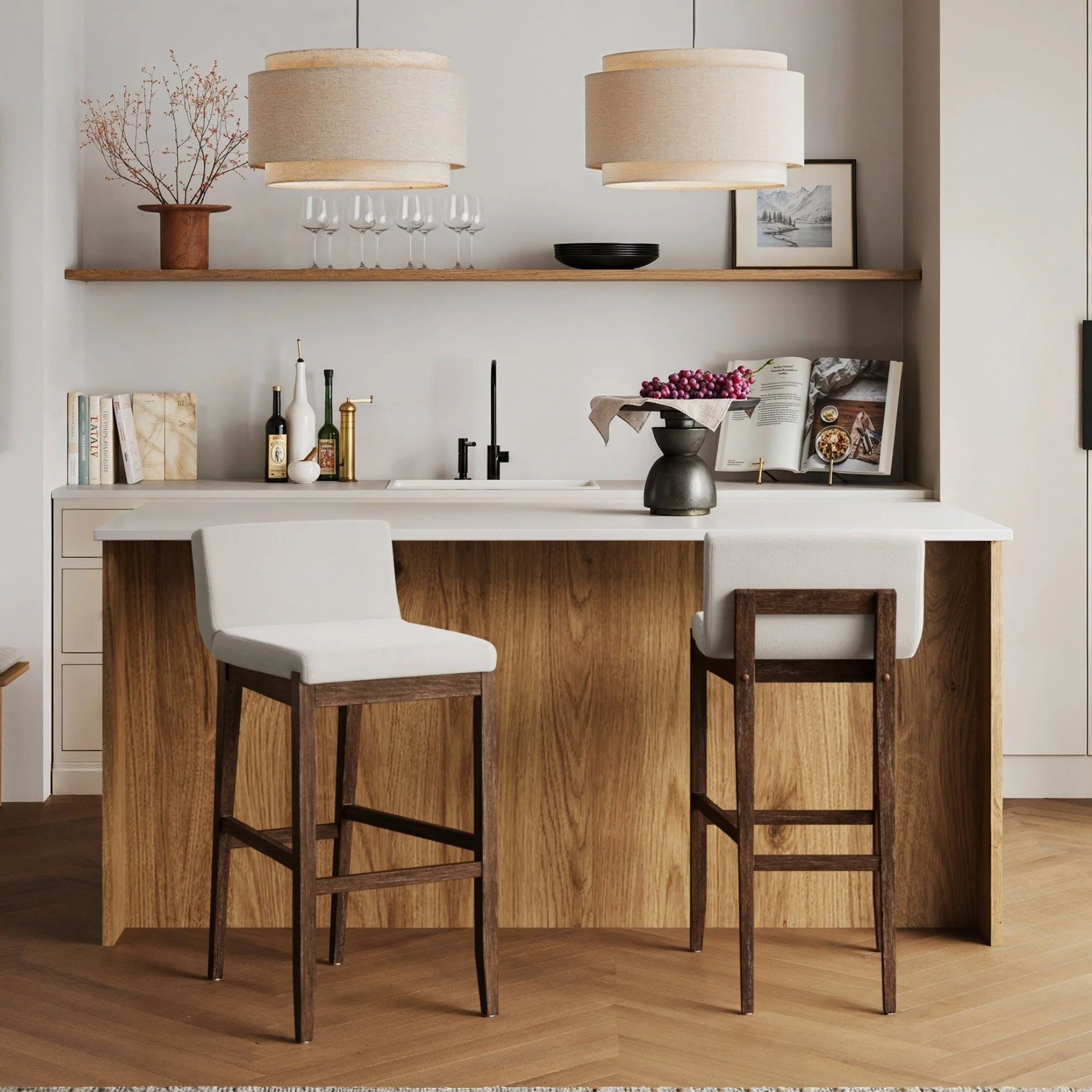 Gracie Modern Bar Stool, Boucle Upholstered Chair and Brushed Wooden Legs