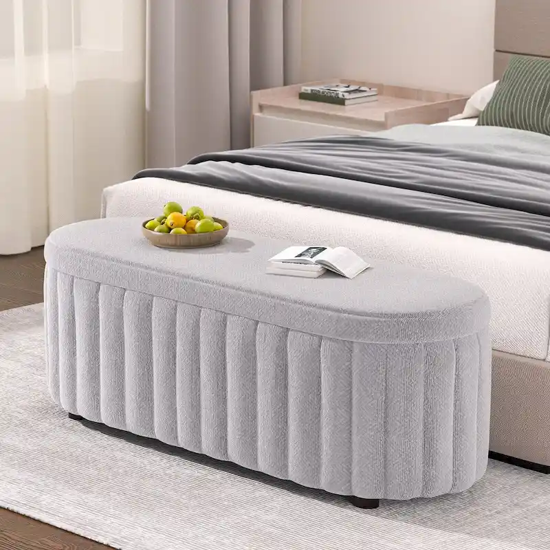 Grey/White Linen Upholstered Storage Ottoman Bench, 2-3 Person