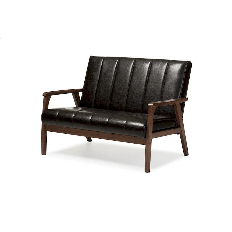 Mid-Century Modern Dark Brown Faux Leather 2-Seater Loveseat