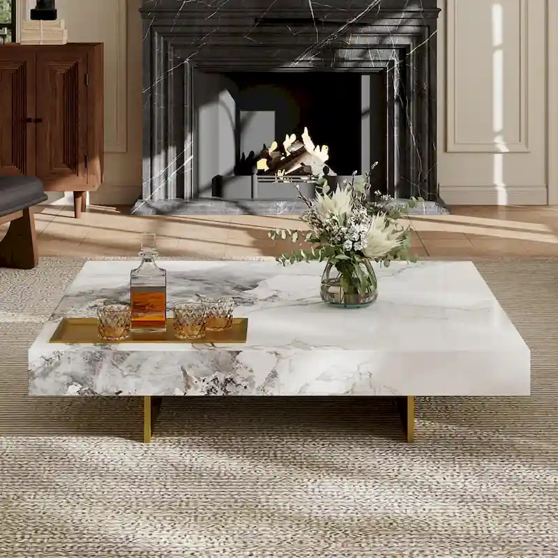 Modern 42 Faux Marble Square Coffee TableGlossy Sintered Stone Tabletop