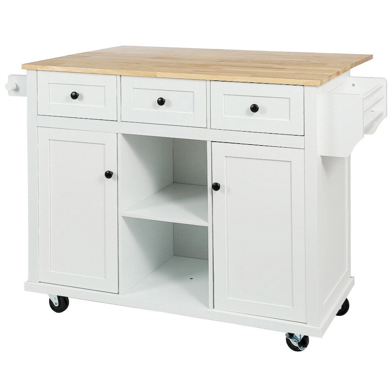 White Kitchen Island on 5 Wheels with Storage Cabinet and 3 Drawers