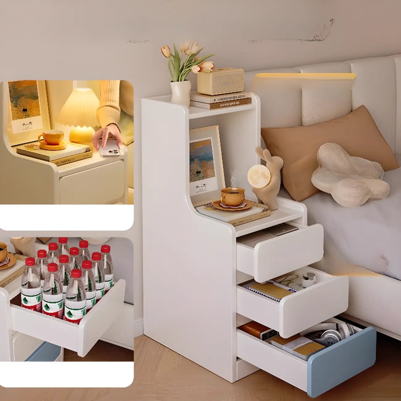 Modern Bedside Table with Drawers - White Nightstand