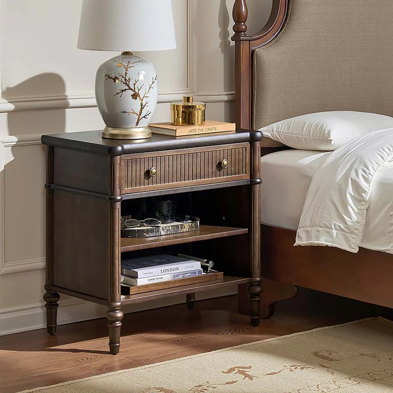 Fluted Drawer Nightstand & End Table with Built-in USB/Type-C Outlets & Spindle Solid Wood Legs | Walnut / Black / Brown | 1-Drawer or 3-Drawer