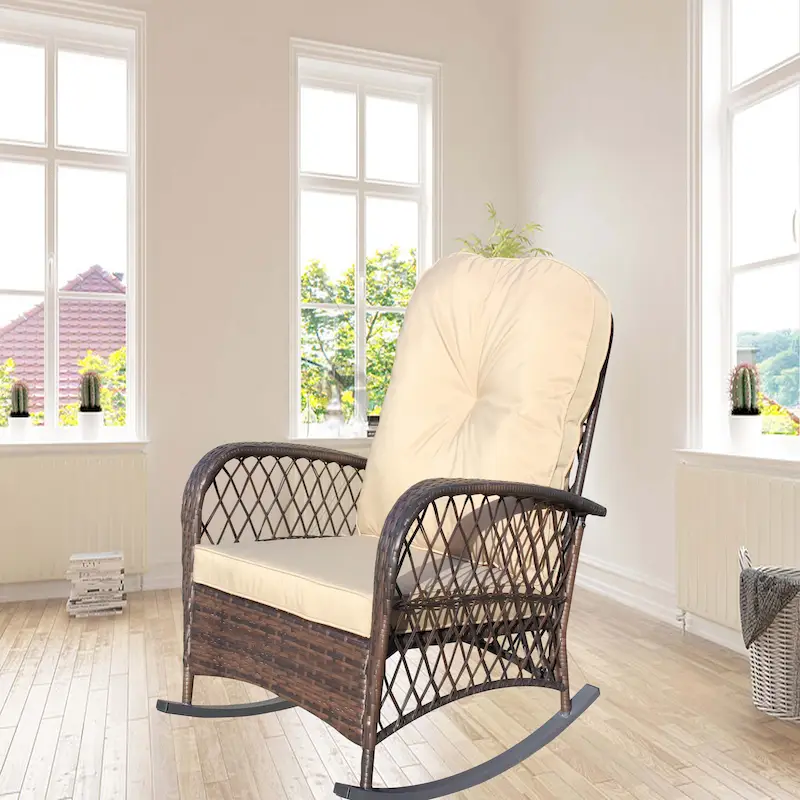Outdoor Wicker Rocking Chair with Wide Seat, All- Weather Rattan Armchair for Poolside, Garden, Porch, Backyard