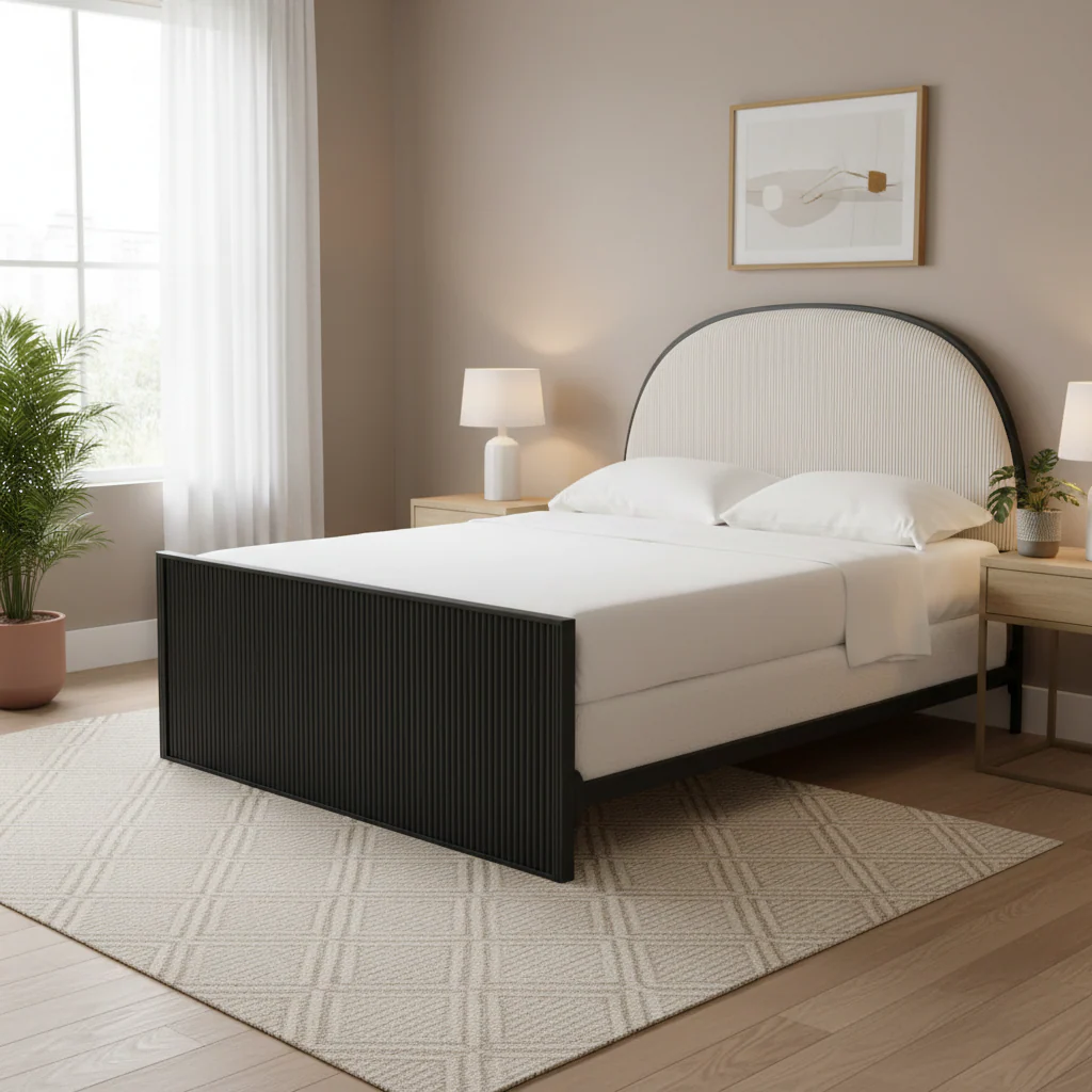 Black Metal Gray Fabric Queen Bed