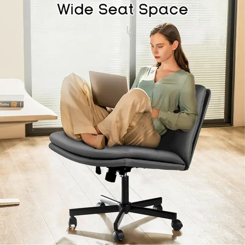 Cross Chair with Wheels,PU Leather Armless Cross Legged Office chair, Adjustable Wide Seat Task Vanity Chair