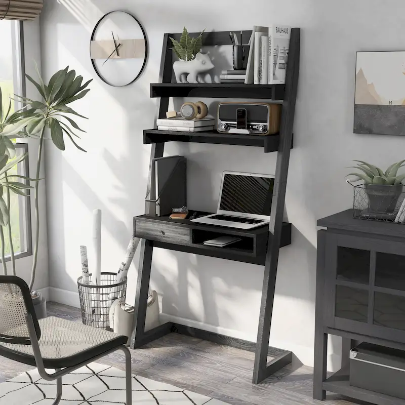 Two-Tone Wall Leaning Desk with Drawer and Shelves