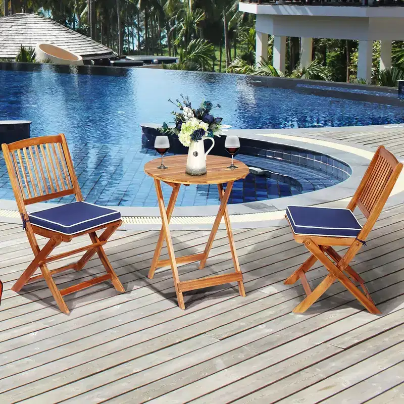 Costway 3PCS Patio Folding Wooden Bistro Set Cushioned Chair Conversation Cushion