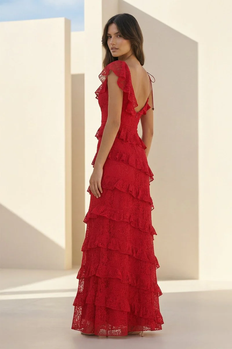 Red Sheath V Neck Lace Long Prom Dresses With Ruffles