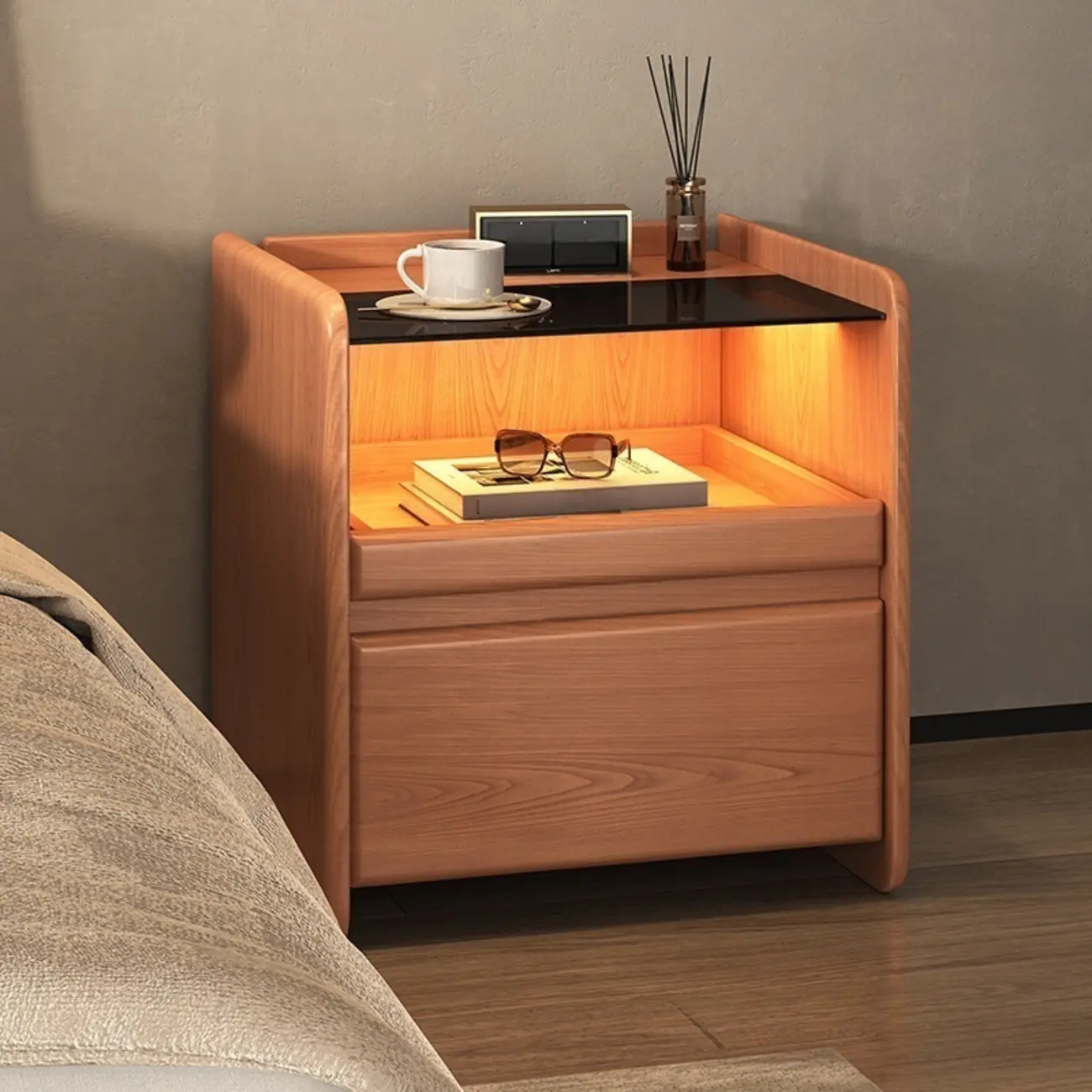 Nut-Brown Wood Glass Top Drawer Nightstand with Light