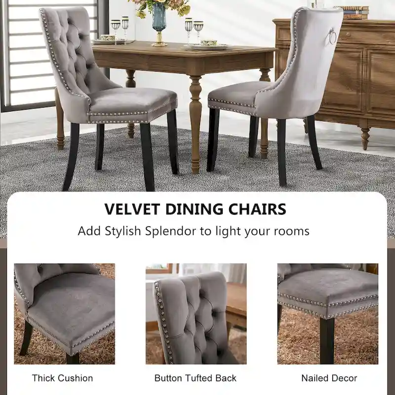Velvet Dining Chairs, Tufted Solid Wood Armless Chairs Accent Chair with Nailhead Trim and Back Ring Pull