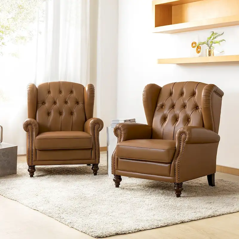 Classic Wingback Leather Armchair with Nailhead Trim