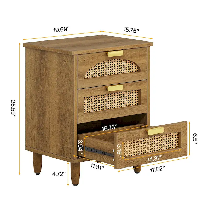Wood/ Rattan Nightstand Bedside Table with 3-drawer