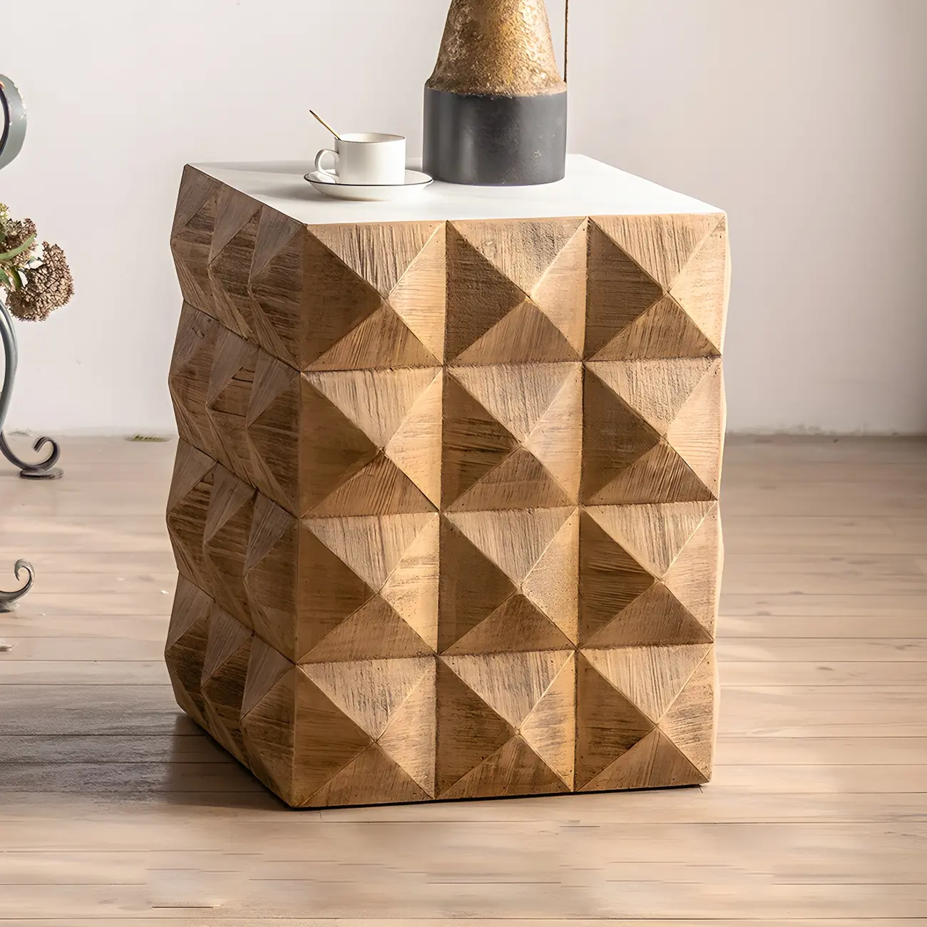 Elegant Geometric Wooden Block Accent Side Table