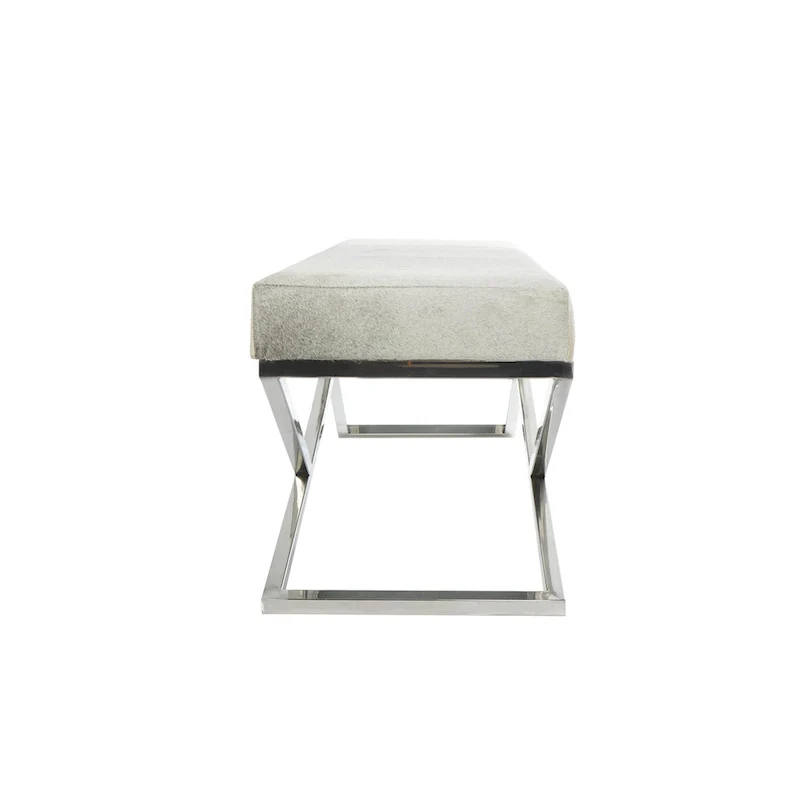 Leather Geometric Home Bench with Angled Silver Metal Base - Light Grey