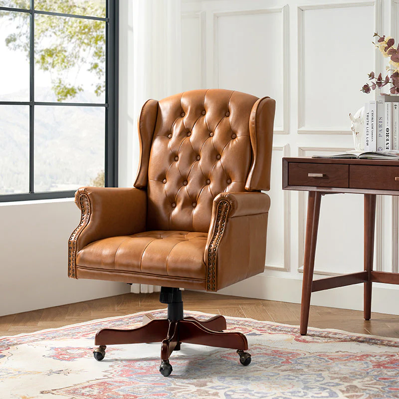 PU Leather Wingback Executive Office Chair with Button Tufting, Nailhead Trim, Pocket Spring Seat & Adjustable Height | Camel / Brown / Turquoise / Navy | Single Seat