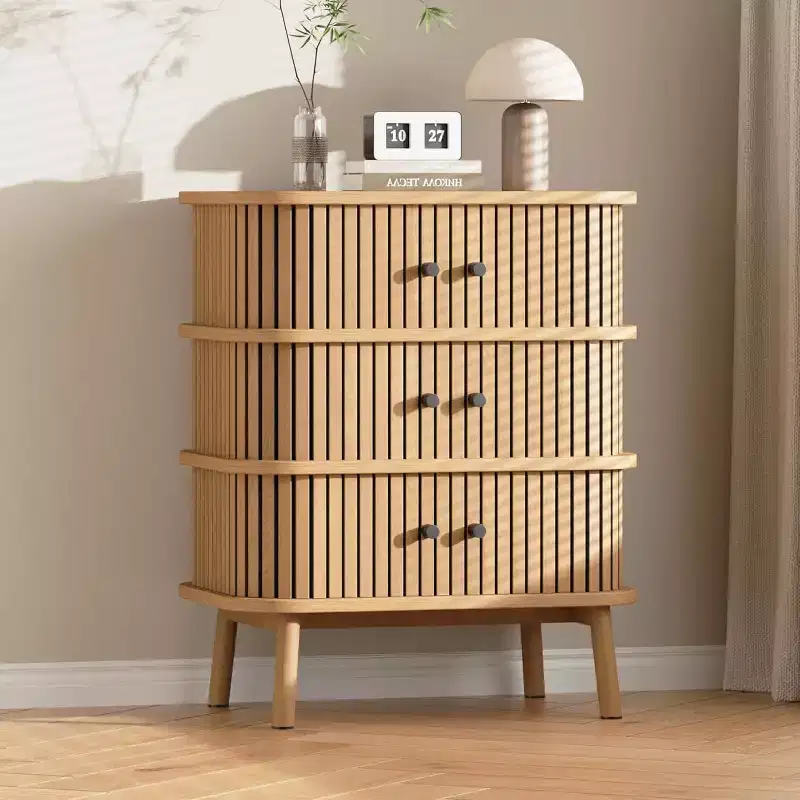 Garvee 3 Drawer Dresser, Mid-Century Modern Wicker Chest for Bedroom, Nightstand with Matte Black Handles and Wooden Legs, Spacious Storage