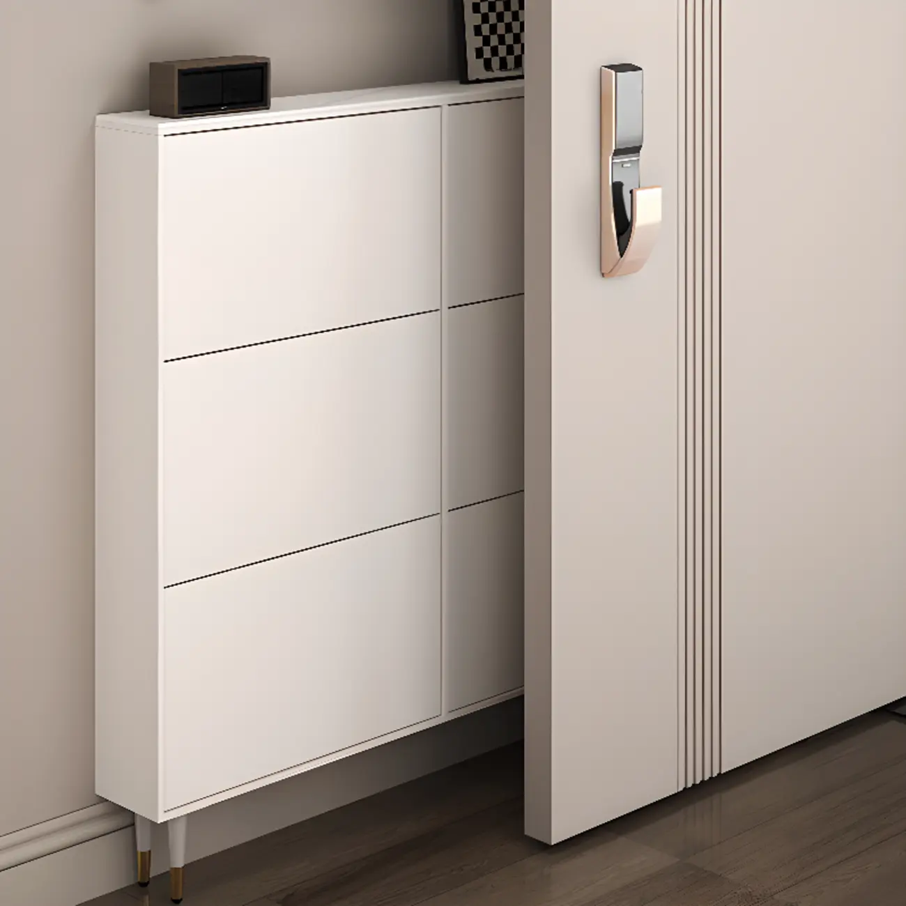 Modern White Wood Entryway Drop-Front Shoe Cabinet