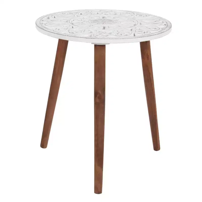 Olivia & May Carved Wooden Accent Table White: Round, Splayed Legs, Contemporary Design