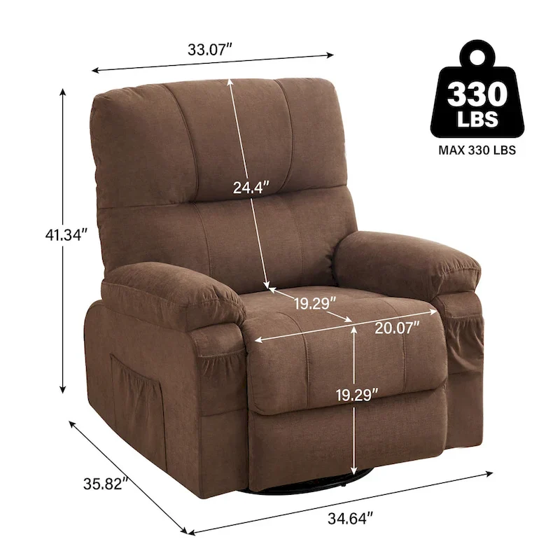 360 Swivel Manual Recliner Single Sofa Chair Fabric Lounge Chair with Pull Out Footrest and Side Pockets