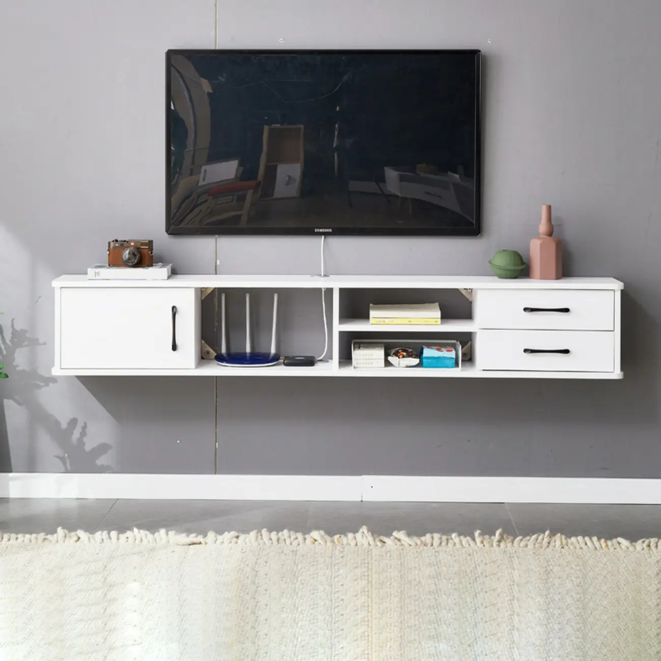 59 Grey Wooden Open Shelf Floating TV Stand with Drawers