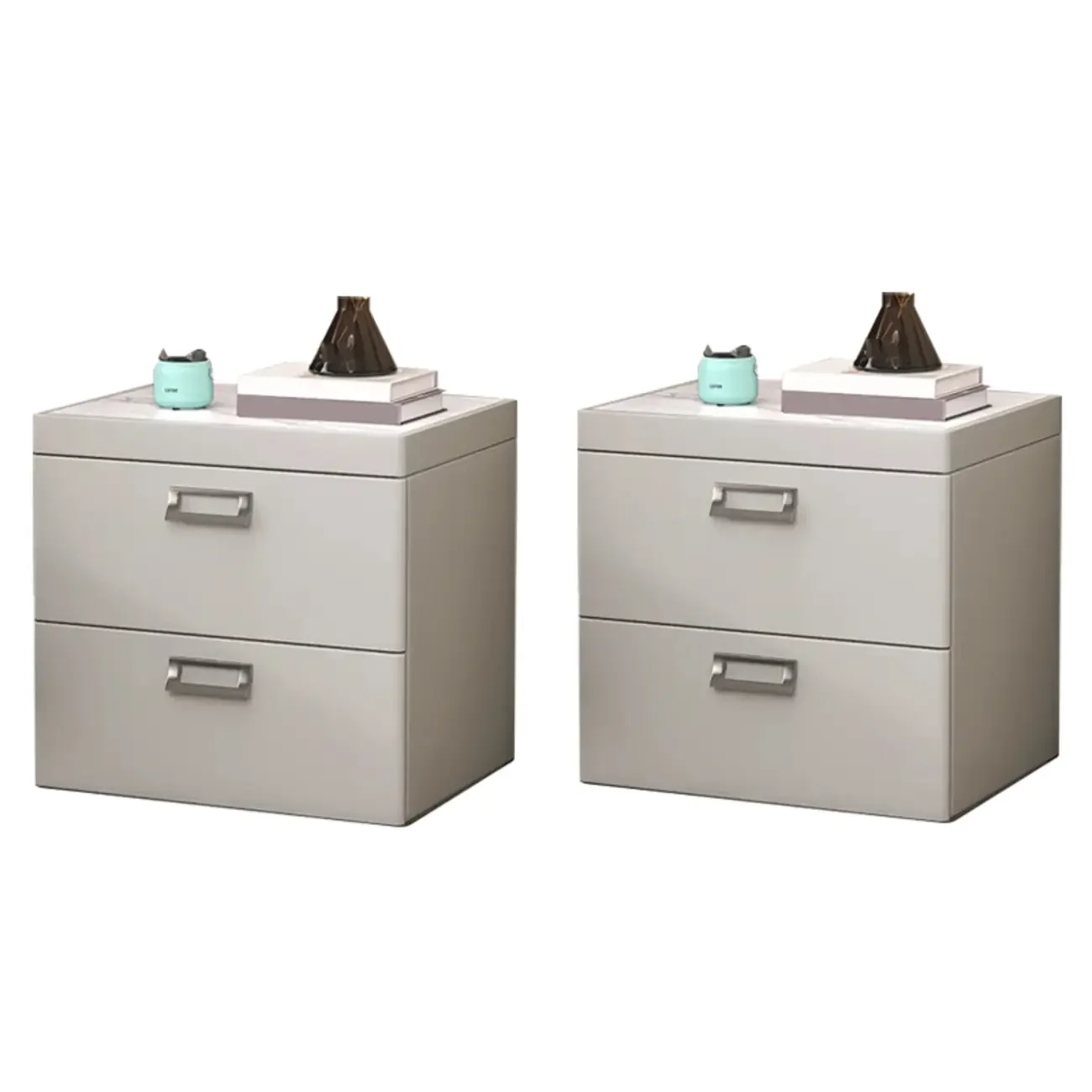 Modern Faux Leather 2 Drawers Nightstand with Stone Top