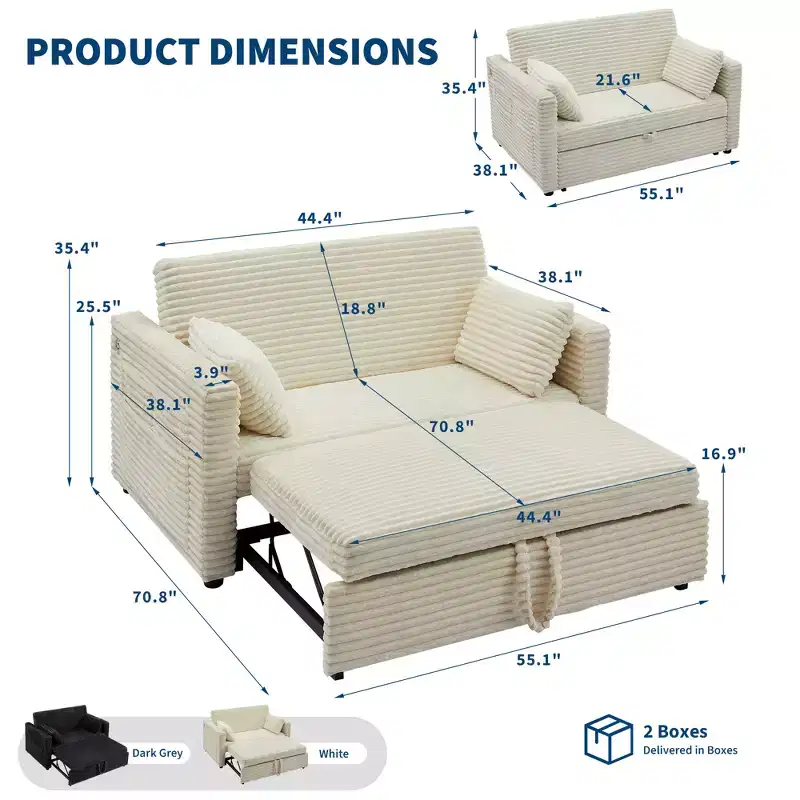 55 Convertible Loveseat Sofa Bed, Modern Sleeper Couch with Adjustable Backrest, Space-Saving Pull-Out Recliner Furniture for Small Apartment