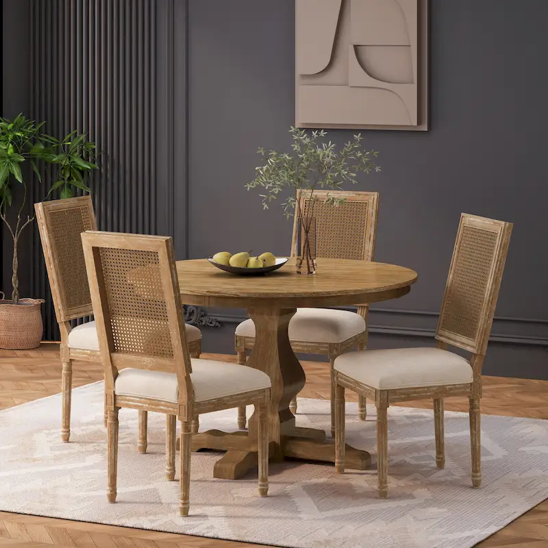 Wood and Cane Upholstered 5-Piece Circular Dining Table and Chairs