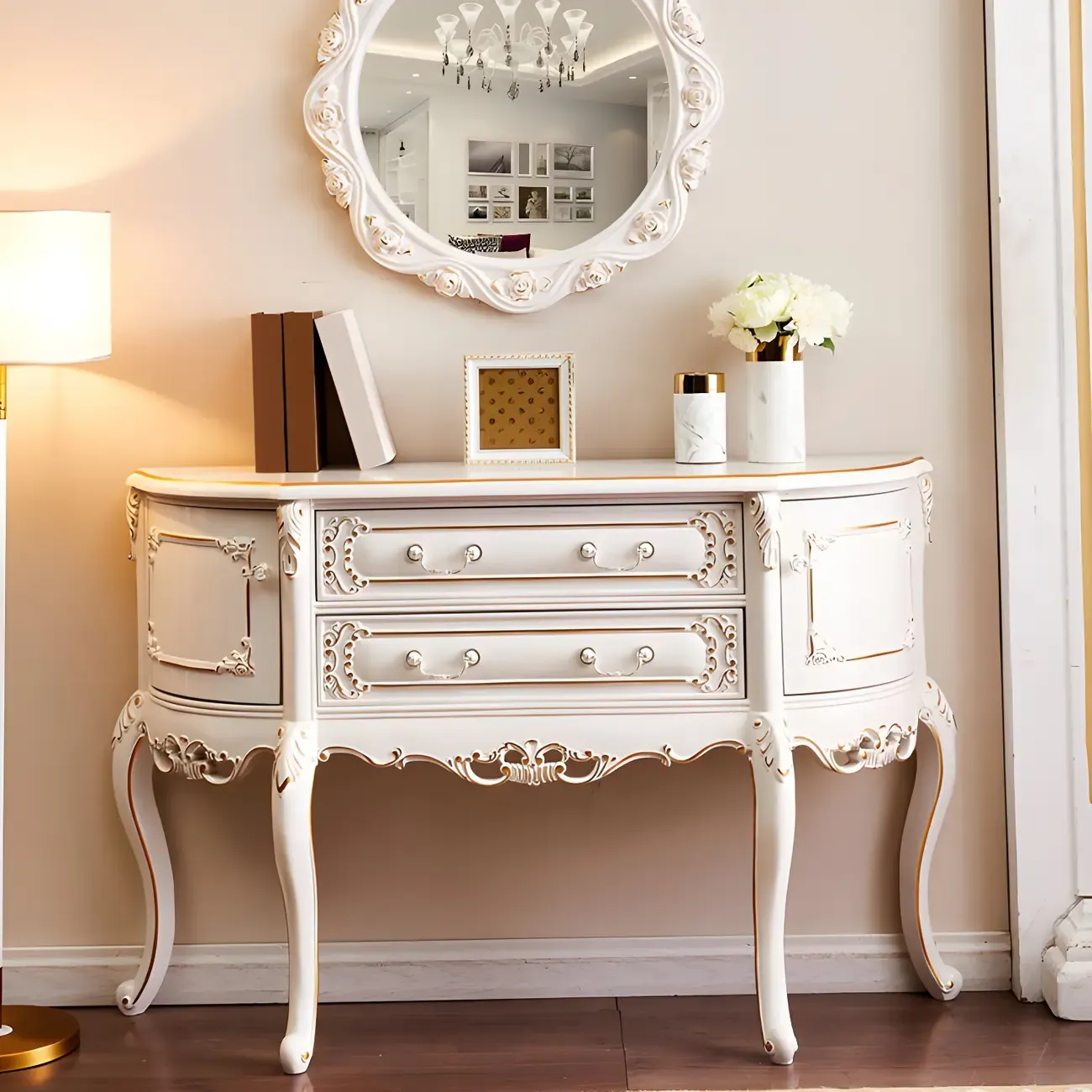 French White Wood Console Table with Drawers in Scratchproof