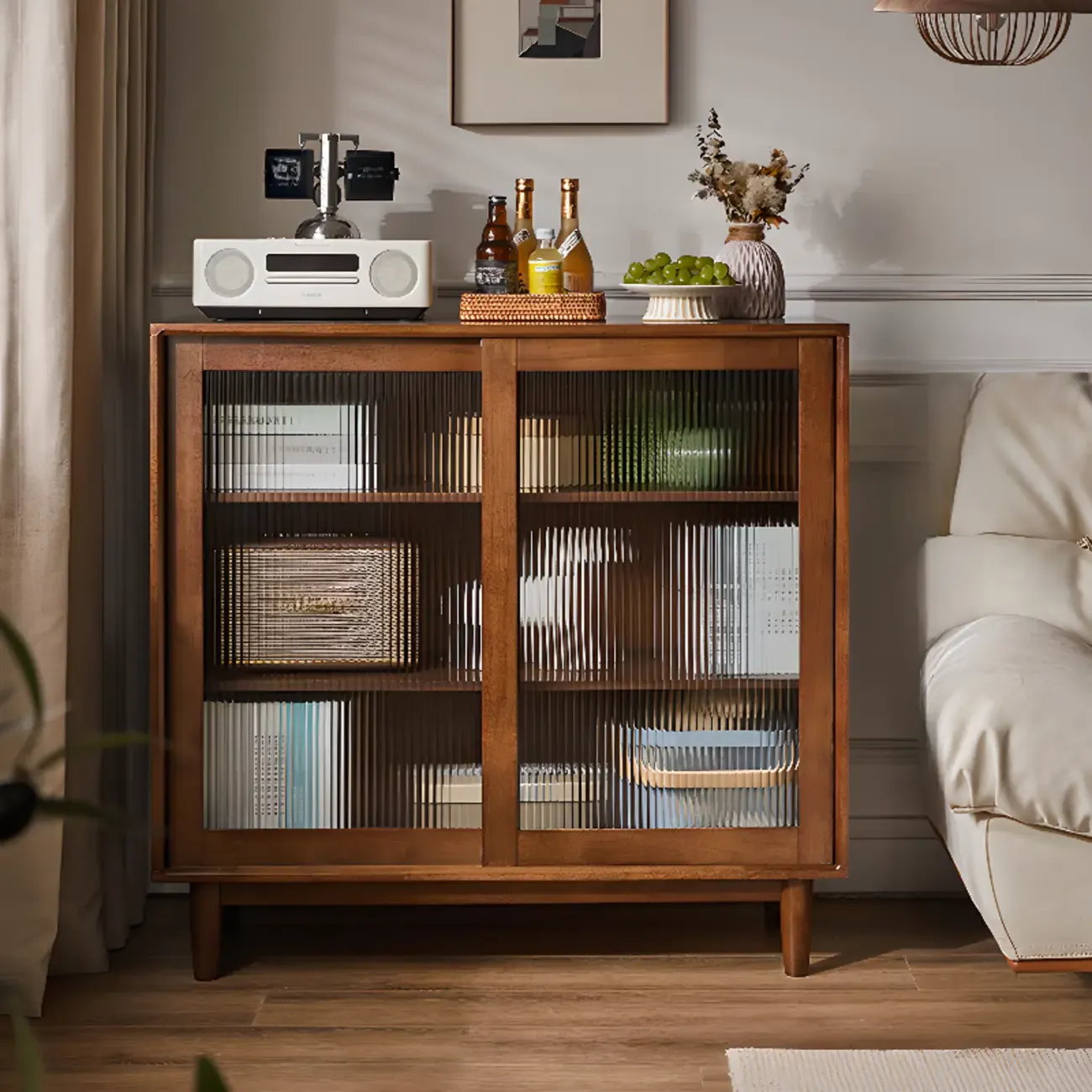 Rectangular Cherry Wood Sliding Glass Door Sideboard Cabinet