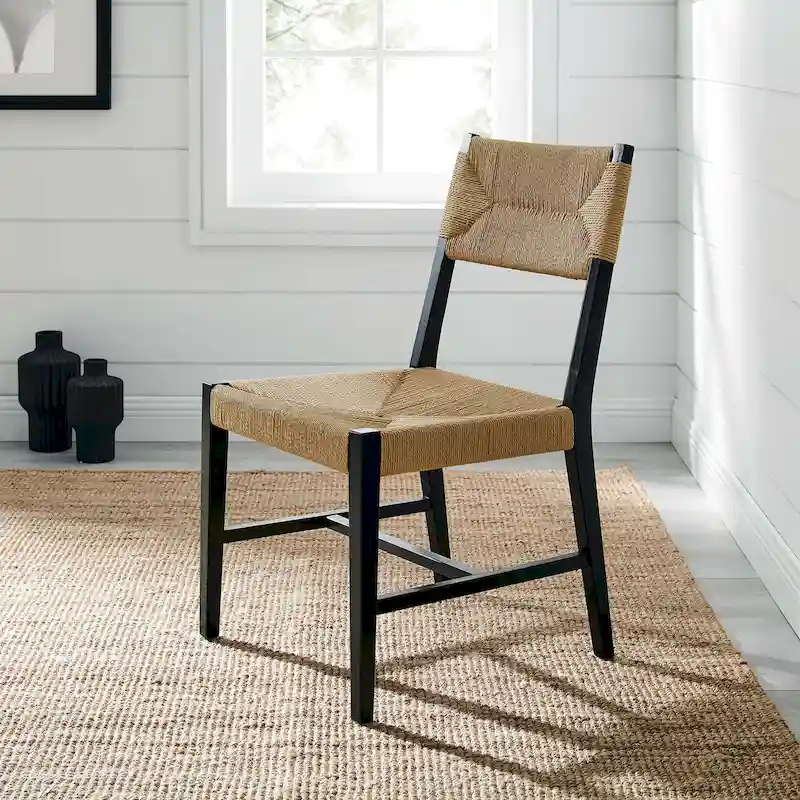 Dining Chair Woven Paper Rope Seat Elm Wood Frame Light Gray Coastal Farmhouse 330 LBS