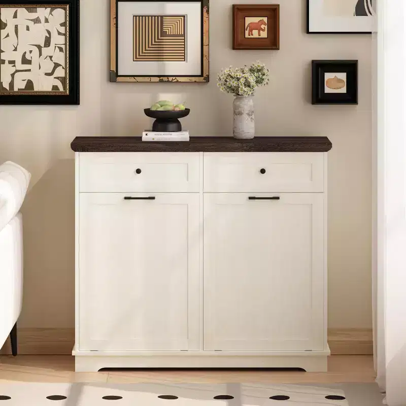 20-Gallon Double Tilt-Out Trash Cabinet, Freestanding Wood Garbage & Recycling Bin Hideaway with Drawer, Antique Brown/White