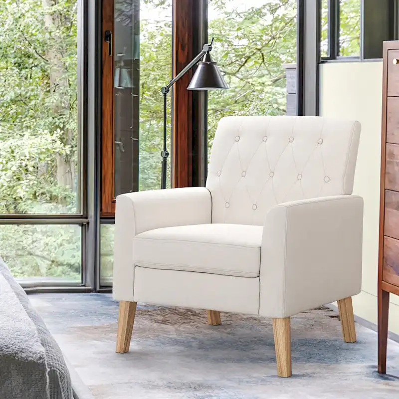 Beige / Grey / Green Linen Button-Tufted Accent Armchair, Single/Double, Mid-Century Style