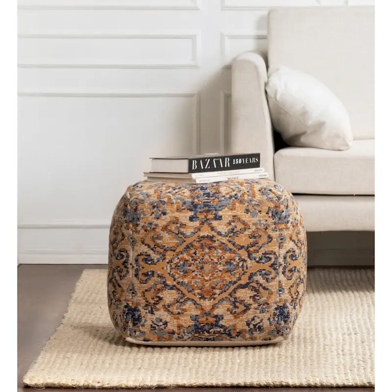 Orange & Blue Square Jacquard Pouf Ottoman – Single
